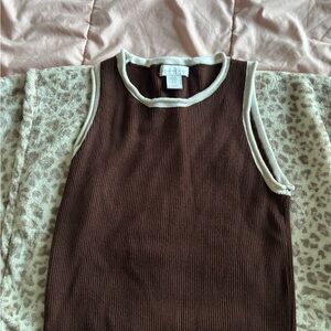 Brown Ribbed Tank Top with White Trim